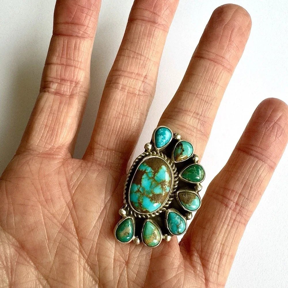 Navajo Turquoise Ring Half Cluster Sz7 Adj Sterling Signed G James Native Amer